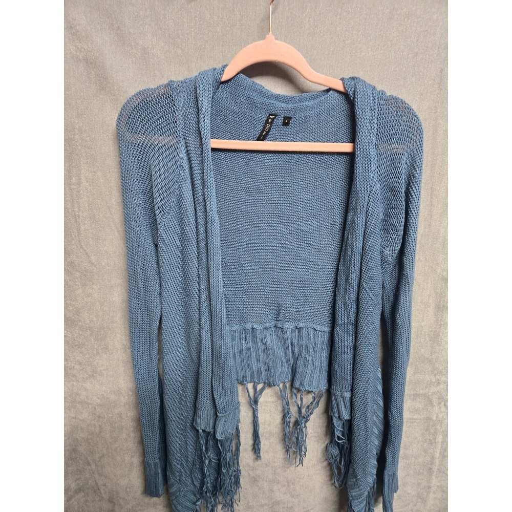 Poof! Womens Blue Open Knit Fringe Trim Cardigan Sweater Size L 05943J
